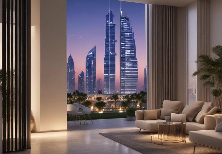 A sleek modern high-rise apartment building with glass balconies overlooking the Dubai skyline at sunset.