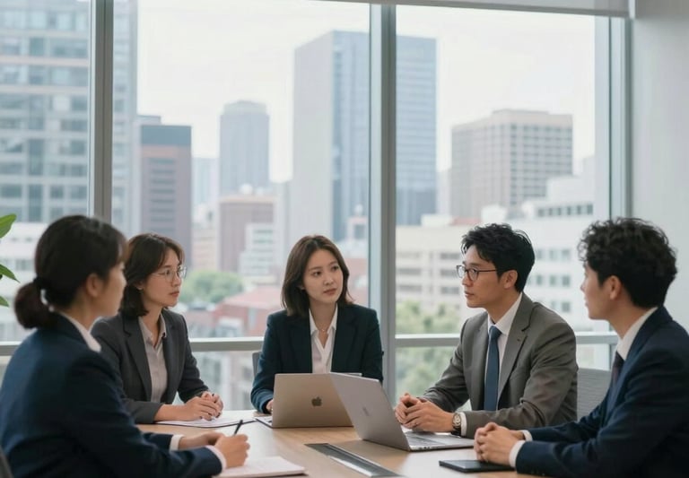 A group of professional consultants in a modern North American office conference room, engaged in a strategic meeting. The room features large windows showing a city skyline, with sleek furniture in muted blue and light gray tones. Professional atmosphere, soft daylight.