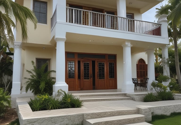 A view of a coastal resort area featuring multiple villas surrounded by lush greenery and palm trees. The image includes a body of water in the foreground and a large multi-story building to the right. In the background, the ocean extends to the horizon under a partly cloudy sky.