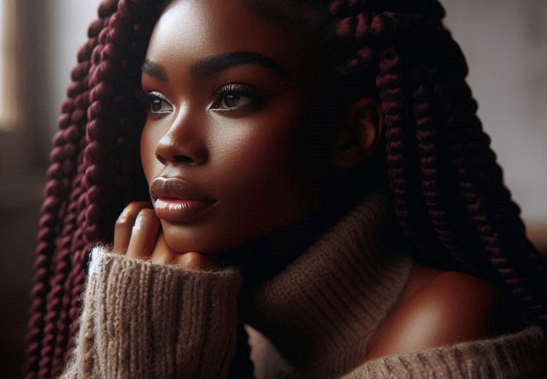 Black woman with burgundy braids in deep thought looking out window