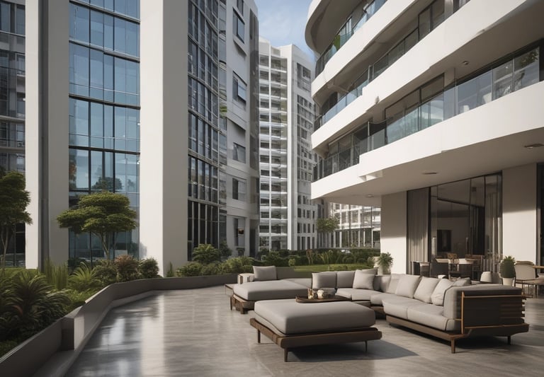 A spacious apartment interior featuring contemporary furniture and large windows.