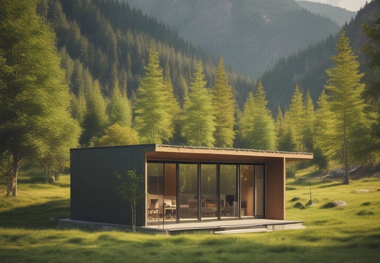 a small cabin with a green roof and a green roof