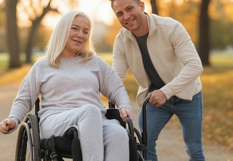 a man and woman in wheelchairs in a park