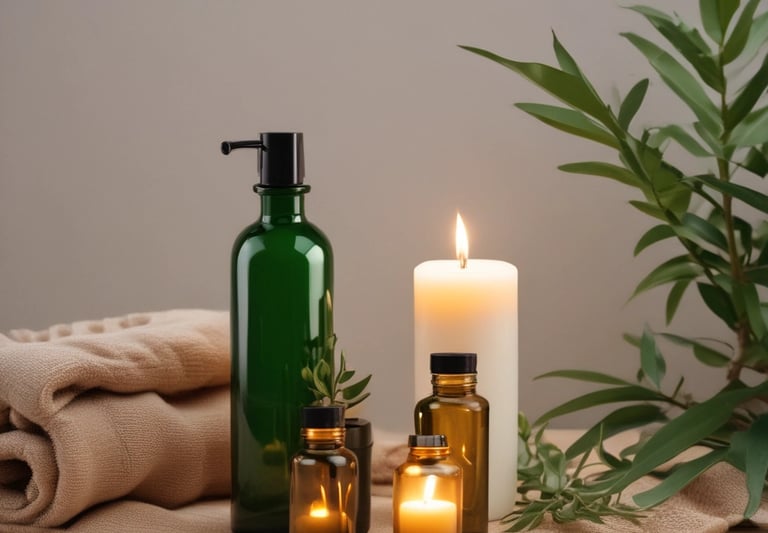 A green candle labeled 'Harmony' with scents of lavender, bergamot, and jasmine. The candle has a cork lid and rests on a stack of light blue books.