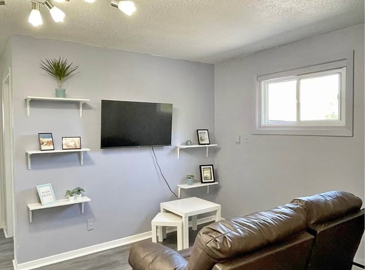 a living room with a couch and a tv