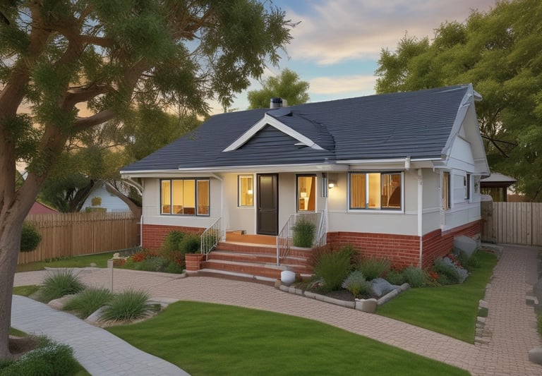 A multi-story house with intricate architectural details, featuring steep, pointed roofs and multiple windows. A large blue banner with white text 'For Sale Exclusivity' partially covers the front of the building. The structure is surrounded by lush green trees.