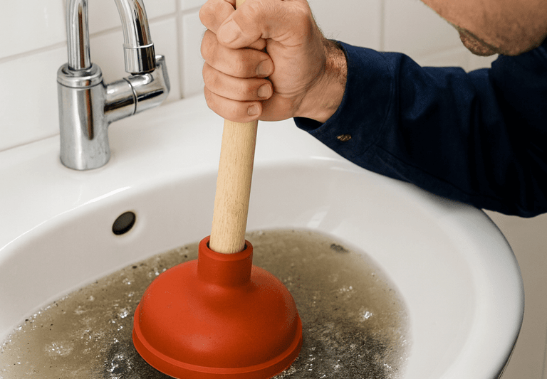 a man in a blue shirt is holding a plunger
