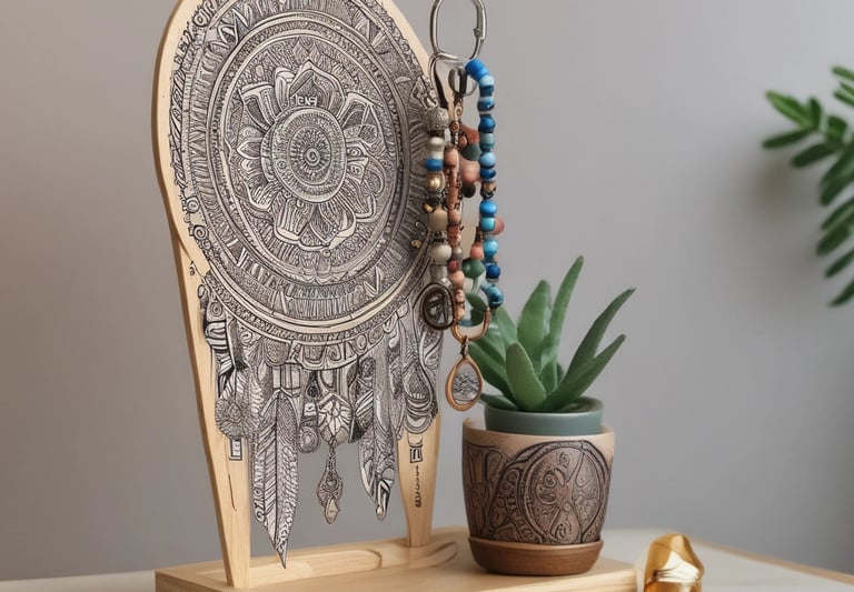 A large decorative wooden panel with intricate white mandala patterns rests on two stools. The backdrop consists of a modern interior with bright yellow walls, black grid panels, and several potted plants. Two hanging light bulbs can be seen above the panel.