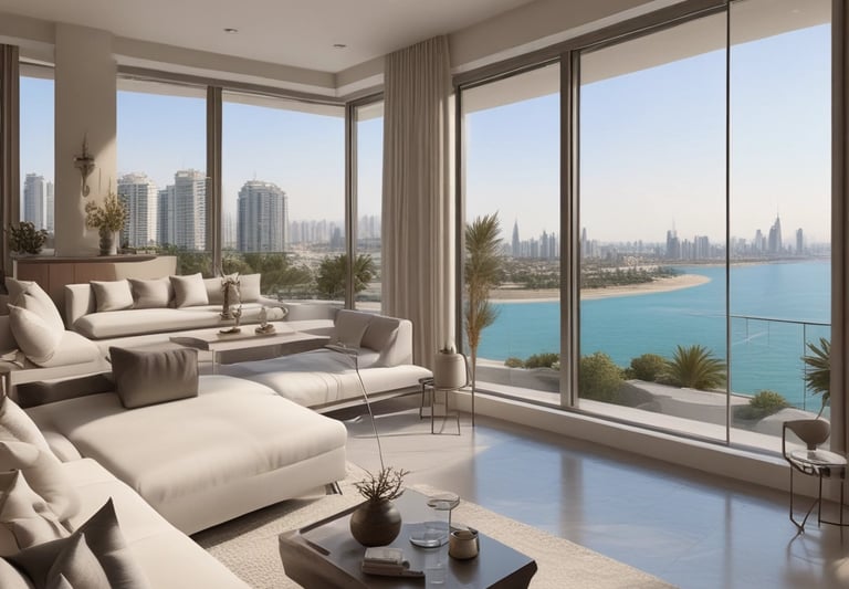 Luxurious residential buildings surrounded by lush greenery with a view of a tranquil bay and distant cityscape under a cloudy sky. Mountains are visible in the background, enhancing the scenic beauty of the area.