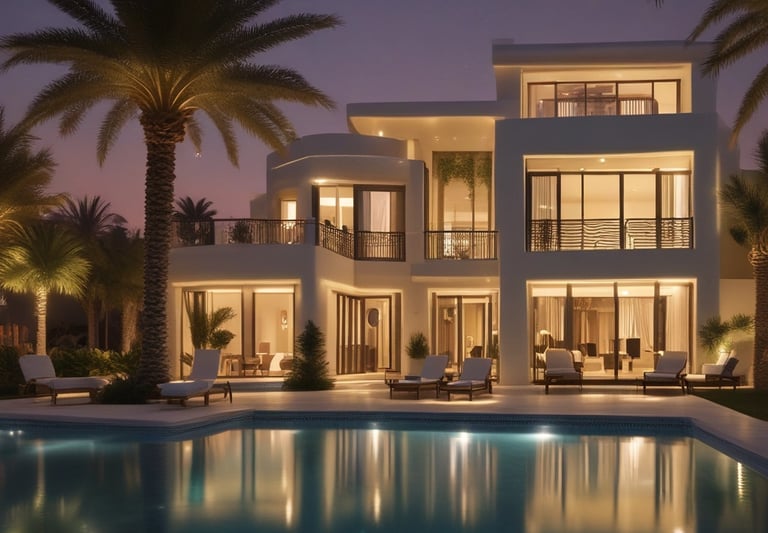 A large, luxurious house with red roofs sits along a tranquil waterfront, surrounded by palm trees and lush greenery. The sky is partly cloudy, casting a mix of shadows and light on the scene.