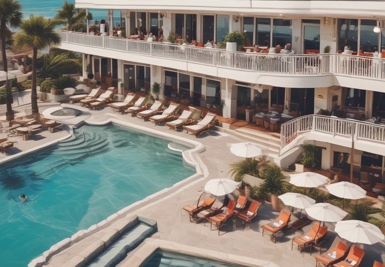 A vibrant cityscape featuring a row of luxury beachside villas in the foreground and a skyline of modern, high-rise buildings with distinct architectural designs in the background. The scene appears tranquil, with blue water in the foreground and clear skies above.