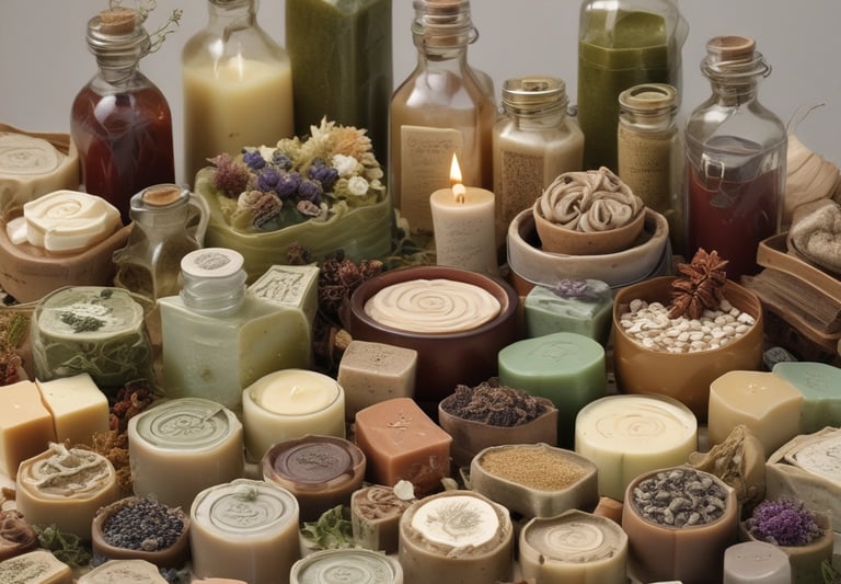 A cozy display of handmade soaps, candles, and natural herbs arranged on a rustic wooden table.
