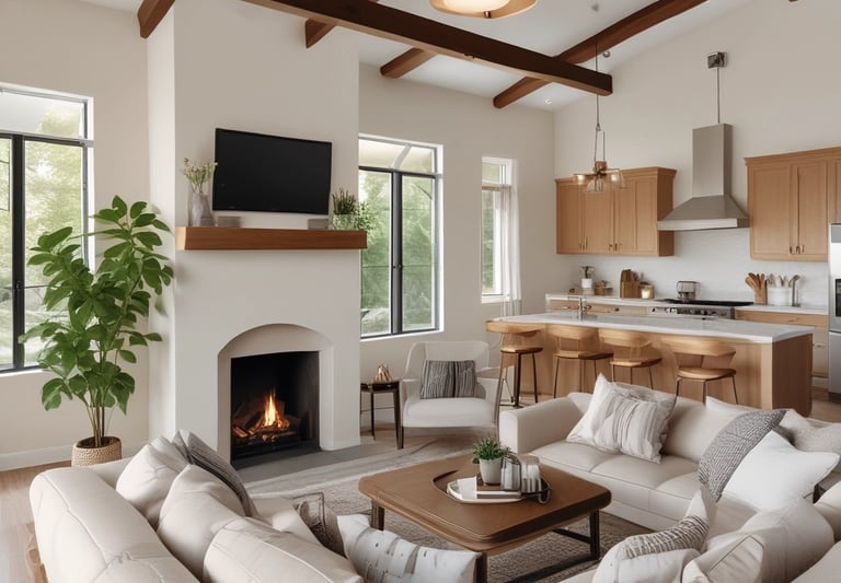 The image features a modern architectural interior with a prominent staircase curving upward. The ceiling displays a large circular design with a geometric pattern resembling a star or sunburst. The use of yellow and orange hues adds a vibrant touch to the space.