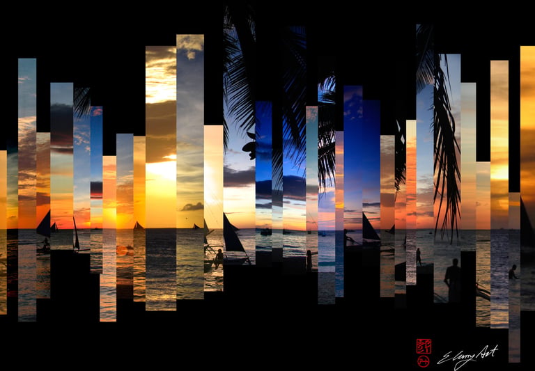 digital photo montage print, collage photography, sunsets, Boracay, Philippines, slices, black, travel enthusiast