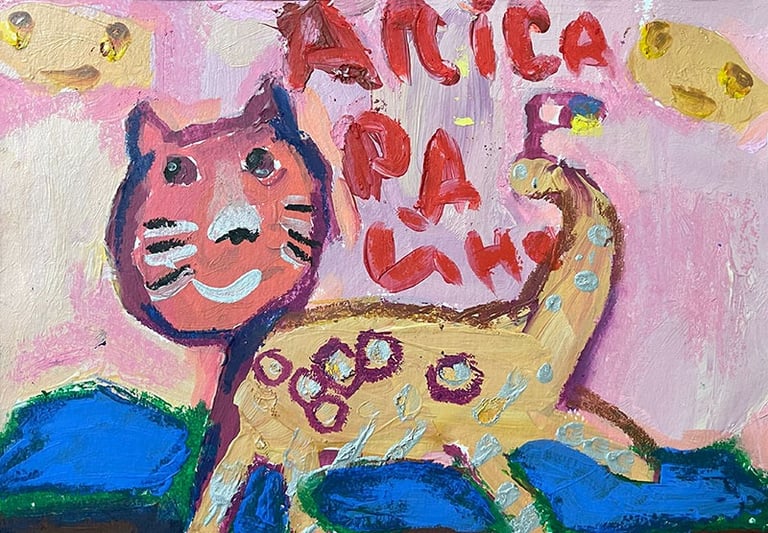 Painting of a cat made by a child affected by the war