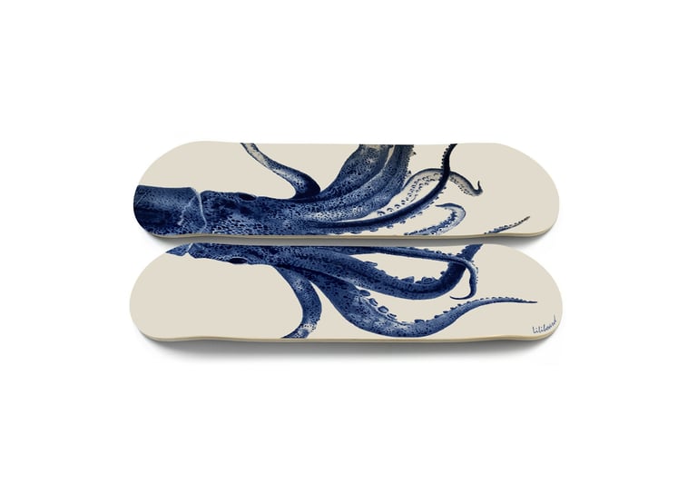 a pair of skateboards with a blue octopus