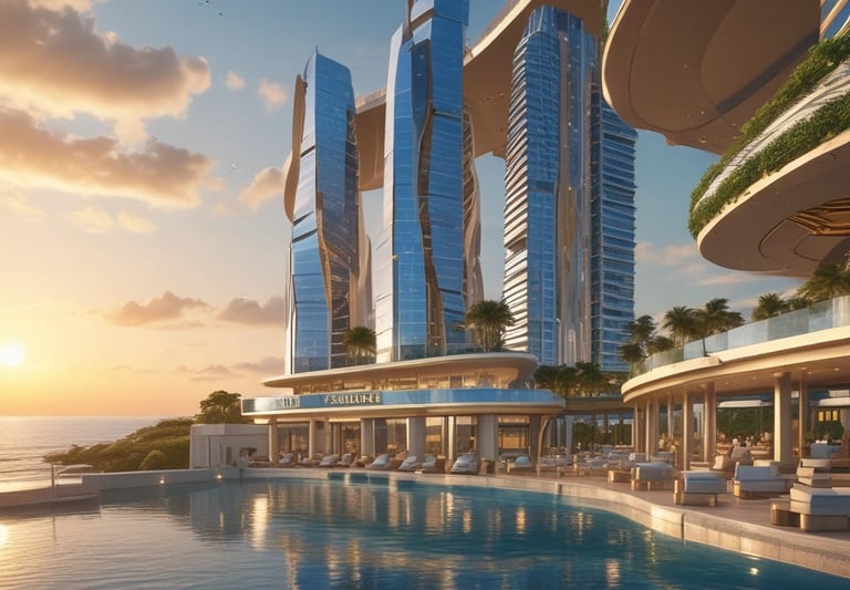 Modern waterfront luxury apartments with panoramic ocean views at sunset.