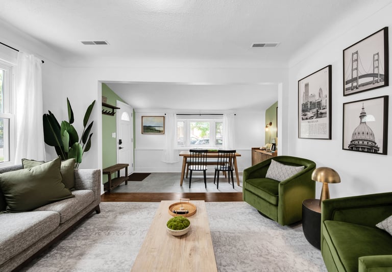 a living room with a couch and a table