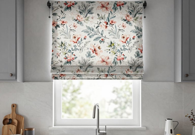 Sunlight gently filtering through elegant cream-colored roller blinds in a cozy living room.