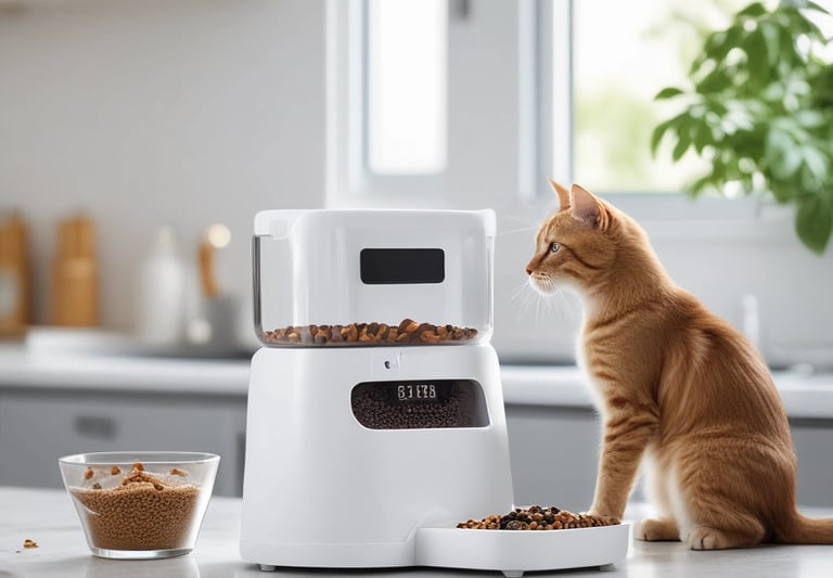 Sleek, modern smart pet feeder with metallic gold accents on a crisp white background.