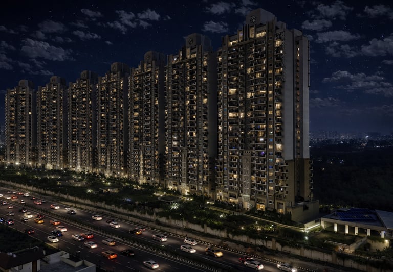Luxury high-rise residential apartments at night with city traffic on a busy highway under a starry sky.