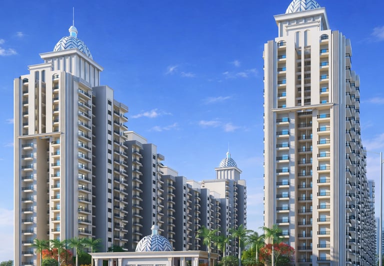 Luxury high-rise residential apartment towers with domed architecture and modern balconies under a blue sky.