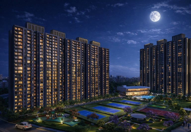 Luxury high-rise apartment complex at night with lighted tennis courts, swimming pool, and a full moon.