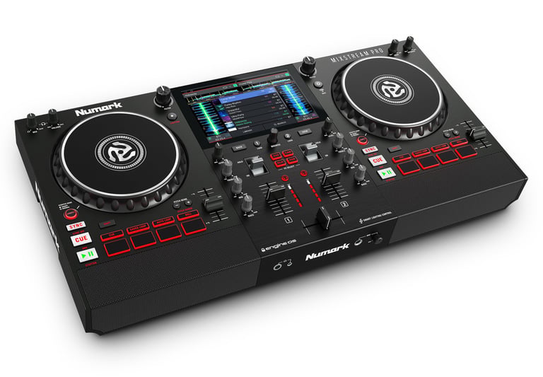 Vista superior del Numark Mixstream Pro, sistema DJ autónomo con pantalla táctil y altavoces integrados