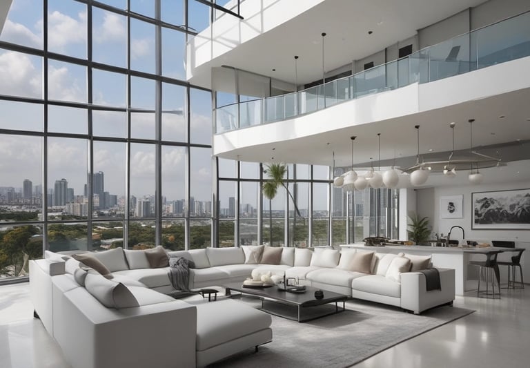 A stylish penthouse with floor-to-ceiling windows showcasing Miami’s skyline.