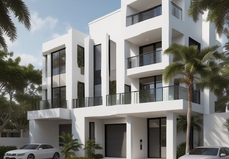 Elegant townhouse nestled in a quiet Miami neighborhood with lush greenery.