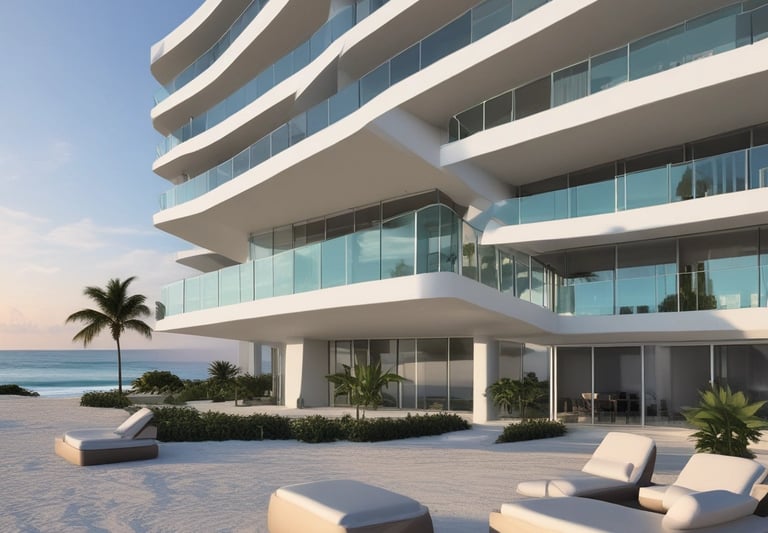 A sleek modern condo overlooking Miami Beach at sunset.