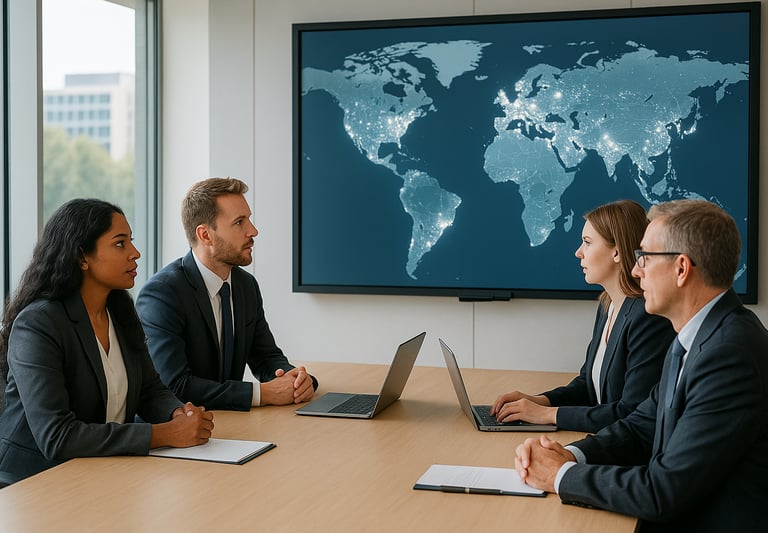 A diverse team of professionals in a boardroom meeting, discussing a global strategy shown on a larg