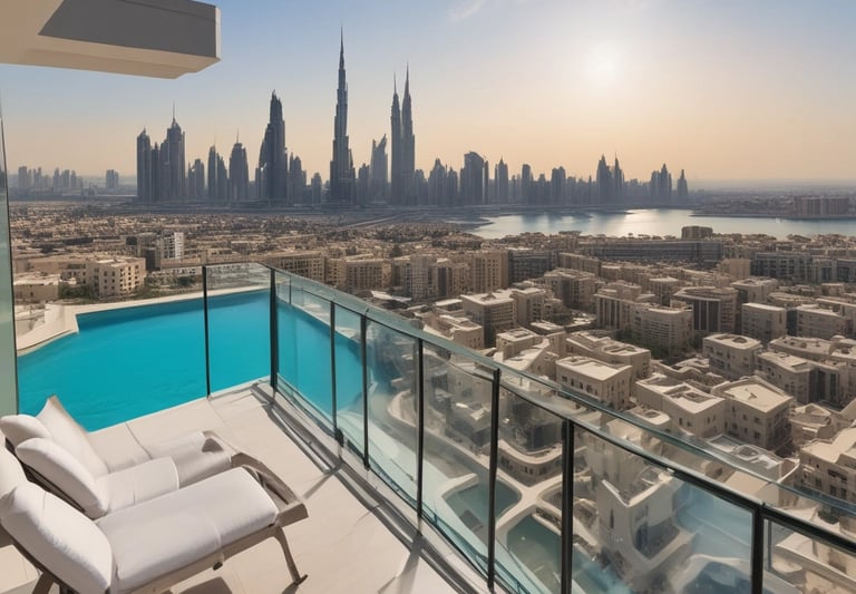 An elegant penthouse with a panoramic view of Dubai's skyline at night.