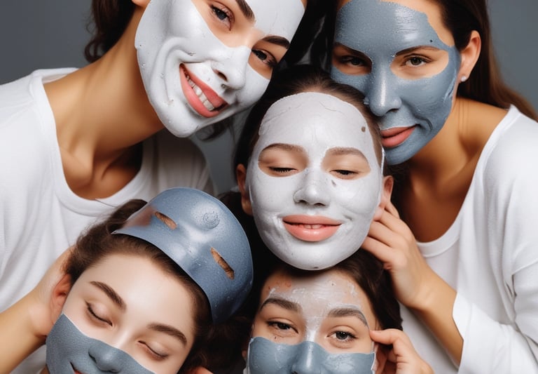 A close-up of a rejuvenating face mask being gently applied, surrounded by fresh green leaves and natural ingredients.