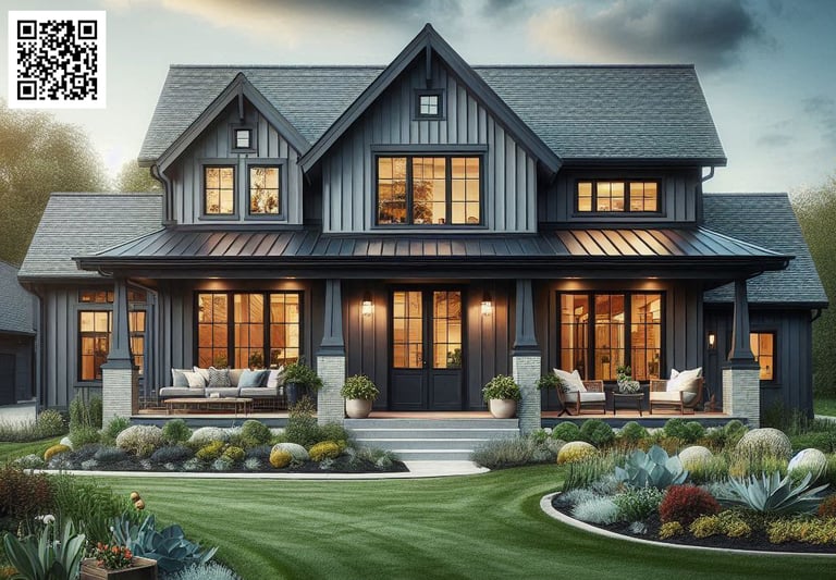 modern farmhouse, black siding, fark gray, blakc windows, stone accents, porch