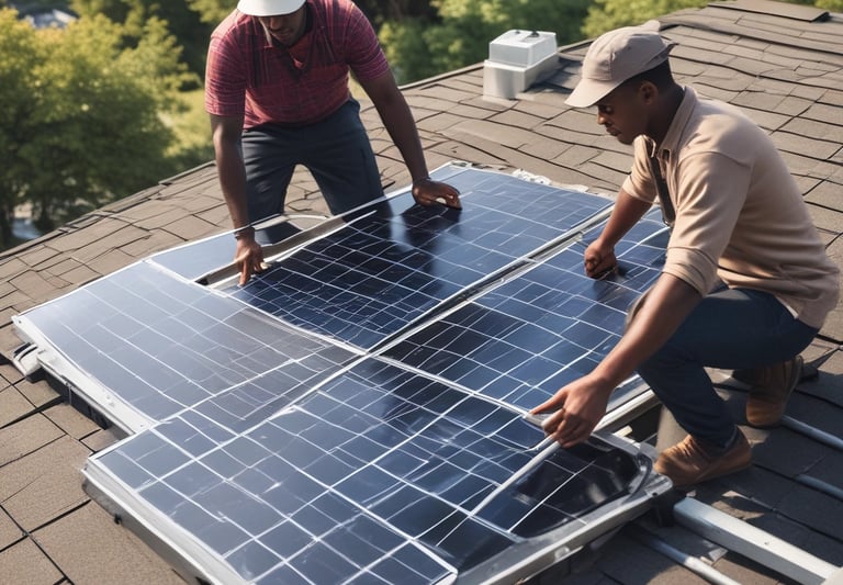 Technician installing solar panels on a commercial rooftop under clear skies.