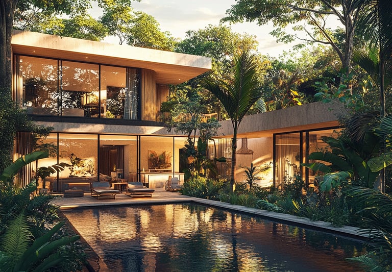 Villa moderna y sostenible rodeada de vegetación tropical en la selva de la Riviera Maya