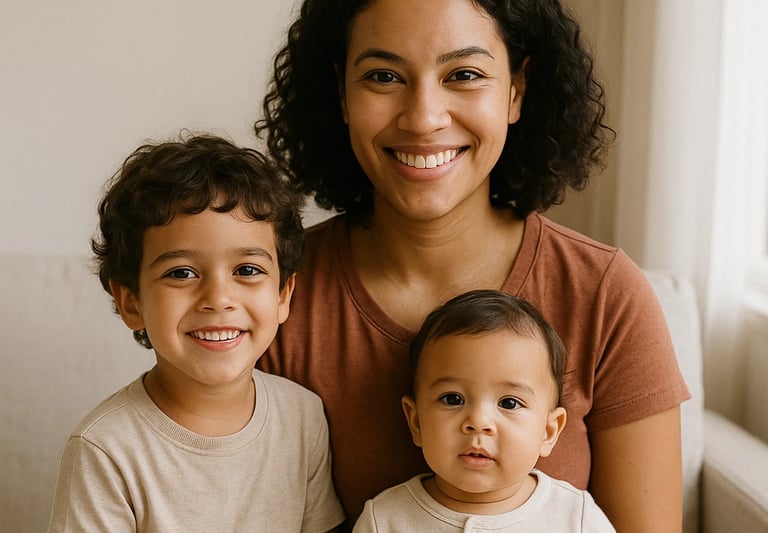 Mae com um filho de 4 anos e outro de 1 ano no colo