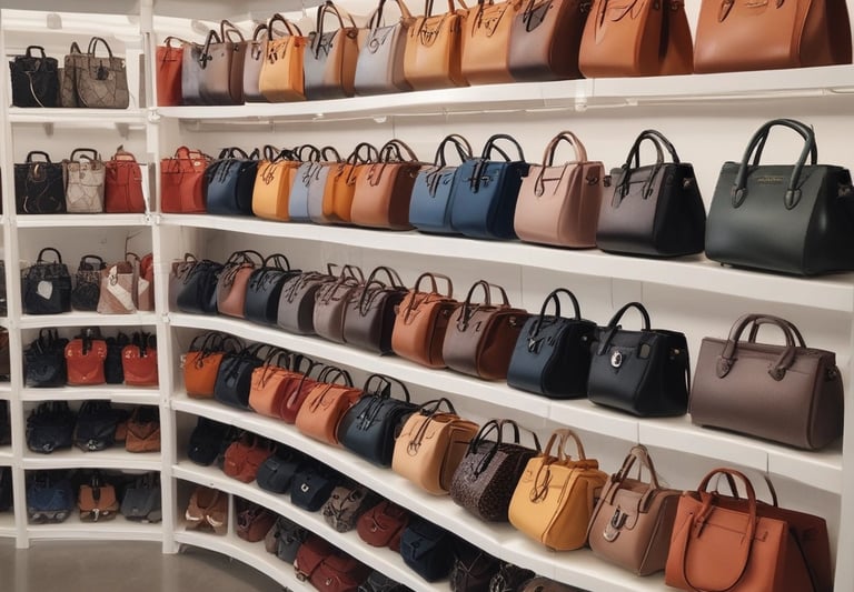 A collection of elegant luxury bags displayed on a stylish wooden shelf.