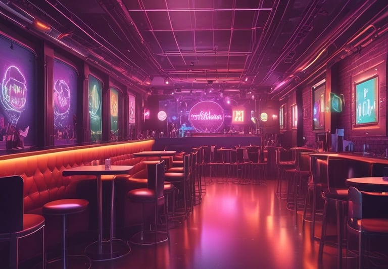 A lively nightclub scene with a crowd of people dancing and socializing. In the foreground, a DJ setup with turntables and mixing equipment is visible. The venue is dimly lit with blue and green lights, adding to the energetic atmosphere. People are engaged, with some looking directly at the camera, and others interacting with one another.