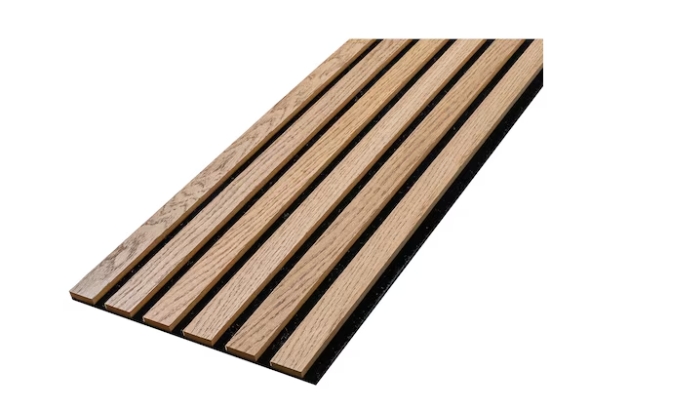 Acoustic wood slat wall panel featuring oak veneer strips on a black felt backing for modern interior design.