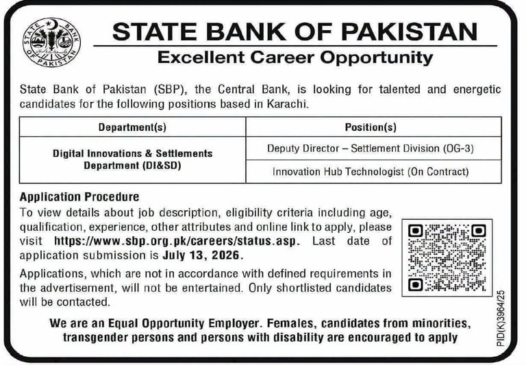 SBP Karachi jobs 2026 — Deputy Director and Innovation Hub Technologist, apply by July 13