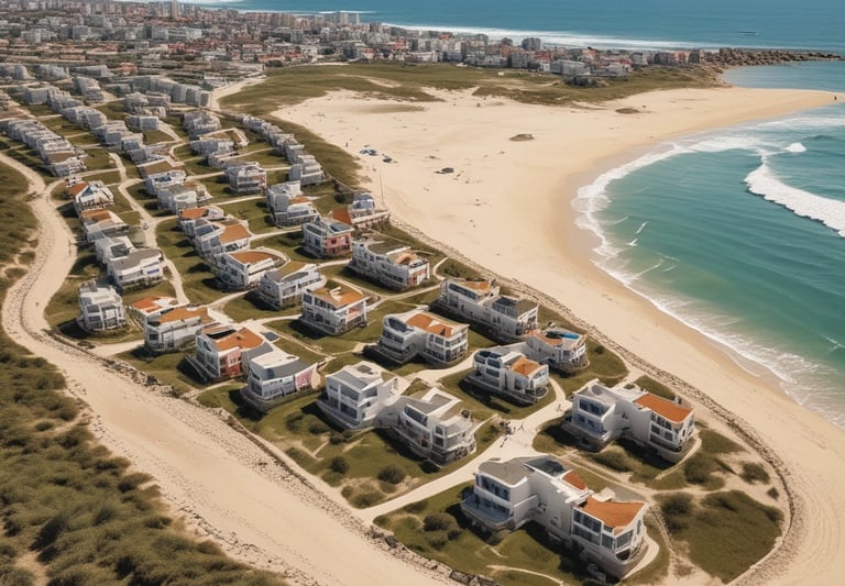 View of a developing urban coastal neighborhood with modern houses and paved streets.