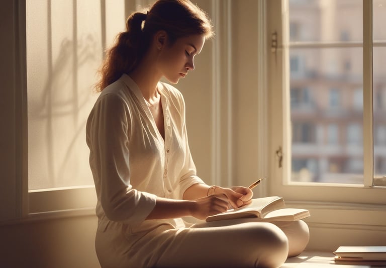 Softly lit photo of a serene woman journaling by a sunlit window, surrounded by calming beige and ivory tones.
