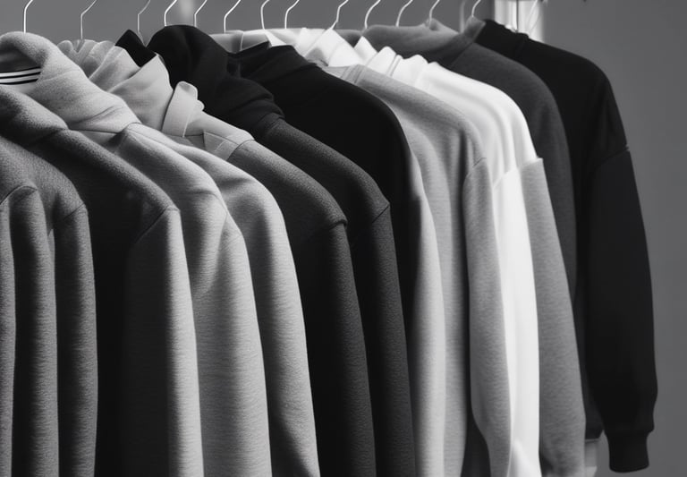 A cozy, minimalist display of our signature apparel laid out on a wooden table with soft natural light.