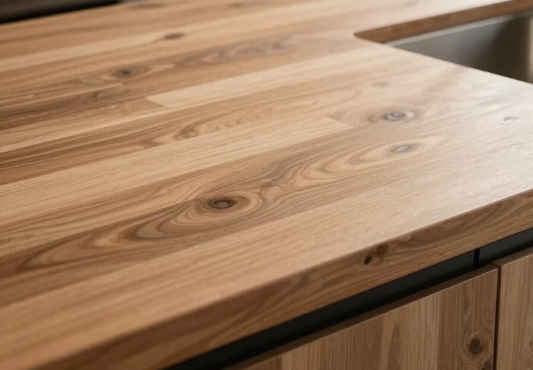 Close-up photography of a high-quality integrated kitchen countertop with a natural wood texture and hidden handles, warm and soft morning light, Hispanic / Latin American home setting.