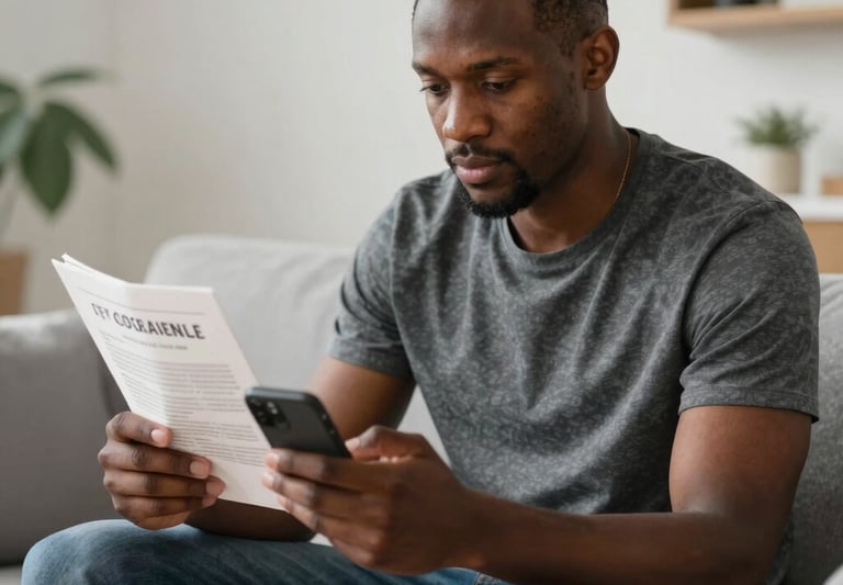 A friendly South African woman reading grant information on her smartphone at a cozy kitchen table.