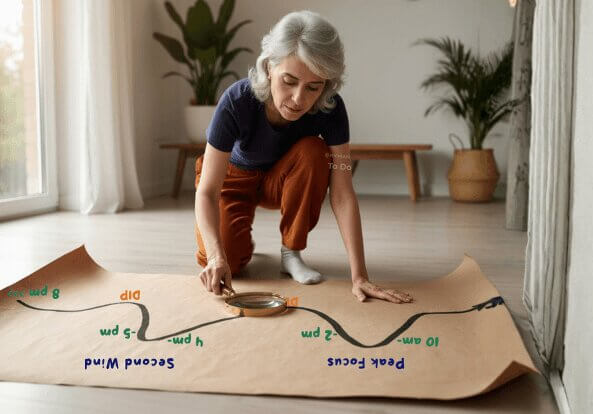 Woman crouching over a large paper map of her daily energy dips and peaks, magnifying glass in hand