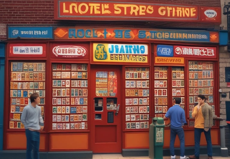 A street vendor stall displaying an array of lottery tickets clipped to a bright blue kiosk. A man in a red shirt leans on the counter, appearing thoughtful, while another man in a white shirt adjusts his hat and walks by. A variety of products hangs from strings above, and a colorful display fills the background with vibrant signs and packets. The scene suggests a busy, lively marketplace.