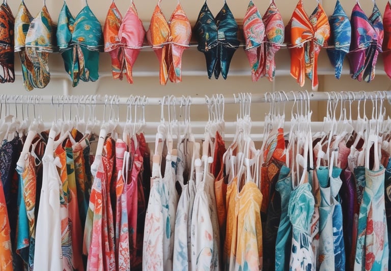 A stylish display of women's bikinis and lingerie in a modern setting.